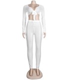 Spring Sexy White Lace Up Long Sleeve Crop Top And Pant Wholesale Womens 2 Piece Sets