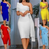 Summer Sexy White One Shoulder Short Sleeve With Bow-Tie Party Dress