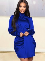 Kışlık Elegant Mavi Yüksek Yaka Uzun Kol Fırfırlı Mini Elbise