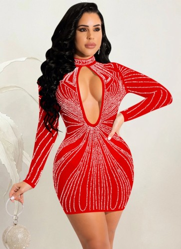 Spring Sexy Red Rhinestone Cut Out Long Sleeve Bodycon Dress