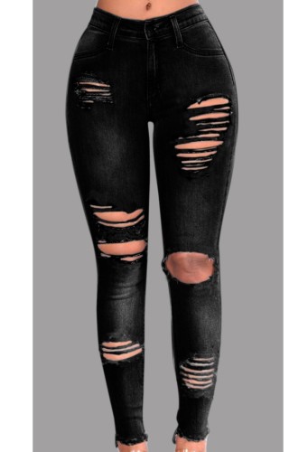 Spring Fashion zwarte gescheurde elastische jeans met hoge taille