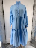 Spring Plus Size Blue Button Up Long Sleeve Loose Long Dress