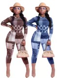 Spring Fashion Print Round Collar Long Sleeve Crop Top And Pant Wholesale 2 Piece Sets