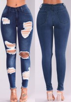 Spring Fashion blauwe gescheurde hoge wasit elastische jeans