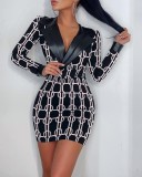 Spring Fashion Print Pu Leather V Neck Long Sleeve Bodycon Dress