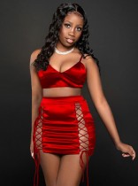Summer Sexy Red Bandage Crop Top And Mini Dress Wholesale Women'S Two Piece Sets