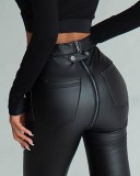 Winter Fashion Black Zipper Pu Leather With Pocket Slim Pant