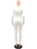 Spring Sexy White Print Round Collar Long Sleeve Crop Top And Pant Wholesale Womens 2 Piece Sets