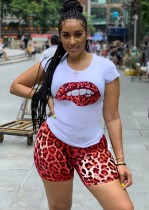 Sommer Damen Leopard Print Shirt und Biker Shorts Zweiteiler