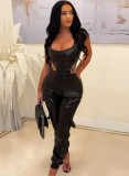 Spring Women Black Leather Sexy Crop Top and High Waist Pants Two Piece Set