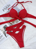 Women Red Two Piece Hollow Out High Waist Halter Swimwear