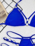 Women Blue Two Piece Hollow Out Metal Rings Sexy Halter Swimwear