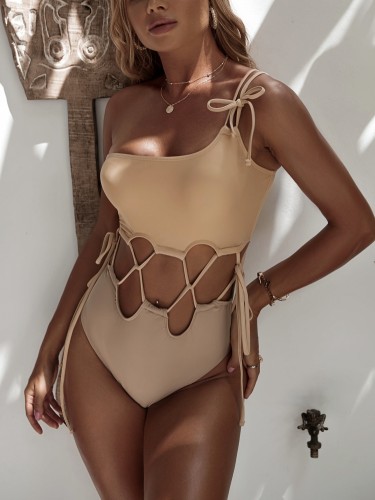 Dames Beige One Piece Hollow Out Strappy One Shoulder Badmode