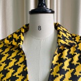 Spring Elegant Plus Size Yellow Plaid V-neck Puff Sleeve Loose Jumpsuit