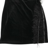 Winter Women Black Velvet Patch Feather Bodycon Club Dress