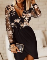 Spring Women Black Floral Sequins Cross Long Sleeve Mini Club Dress