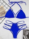 Women Blue Two Piece Hollow Out Metal Rings Sexy Halter Swimwear