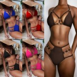 Women Brown Two Piece Hollow Out Metal Rings Sexy Halter Swimwear