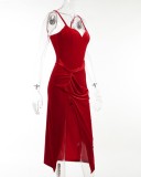 Summer Women Red Velvet Side Slit Strap Long Party Dress