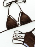 Women Brown Two Piece Hollow Out Metal Rings Sexy Halter Swimwear