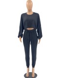 Spring Women Black Puff Sleeve Crop Top and Tight Pants Two Piece Set