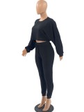 Spring Women Black Puff Sleeve Crop Top and Tight Pants Two Piece Set
