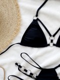 Women Black Two Piece Hollow Out Metal Rings Sexy Halter Swimwear