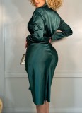 Spring Women Green Satin Deep-V Sexy Knotted Club Dress