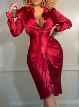 Robe de club nouée sexy en satin rouge pour femmes de printemps