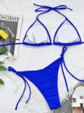 Traje de baño halter sexy con tiras azules de dos piezas para mujer