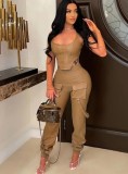 Spring Women Khaki Leather Sexy Crop Top and High Waist Pants Two Piece Set