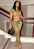Summer Women Print Mesh Tight Fitting Crop Top and Pants Club Two Piece Set