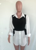 Spring Women White Long Sleeve Blouse Dress and Black Tank Vest Two Piece Set