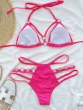 Women Pink Two Piece Hollow Out Metal Rings Sexy Halter Swimwear