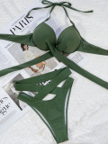 Women Green Two Piece Hollow Out High Waist Halter Swimwear