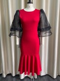 Spring Elegant Plus Size Puff Mesh Sleeve Slim Red Mermaid Formal Party Dress