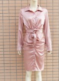 Spring Women Pink Satin Deep-V Sexy Knotted Club Dress