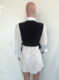 Spring Women White Long Sleeve Blouse Dress and Black Tank Vest Two Piece Set