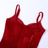 Summer Women Red Velvet Side Slit Strap Long Party Dress