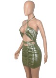 Summer Women Sexy Green Lace Up Halter Backless Ruched Bodycon Dress