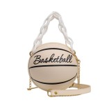 Women Beige Round Ball Designer PU Leather Basketball Handbag with Chain