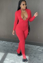 Combinaison de remise en forme à manches longues sexy à fermeture éclair rouge pour femmes de printemps