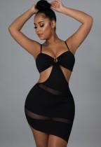 Summer Women Sexy Black Straps Cut Out Mesh Patch See Through Irregular Bodycon Dress