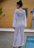 Summer Women Vacation White Long Sleeve Cover Up Crochet Knitted Beach Dress