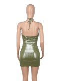 Summer Women Sexy Green Lace Up Halter Backless Ruched Bodycon Dress