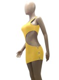 Summer Women Sexy Yellow One Shoulder Sleeveless Cutout Irregular Bodycon Dress