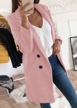 Зимнее розовое тонкое длинное пальто с отложным воротником и карманом