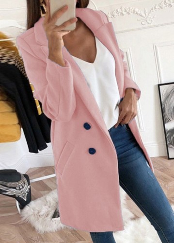 Winter Pink Turndown Collar Slim Long Jacket Coat with Pocket