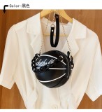Women Black Round Ball Designer PU Leather Basketball Handbag with Chain