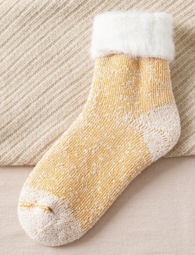 Winter Warm Women Fleece Hem Yellow Stockings